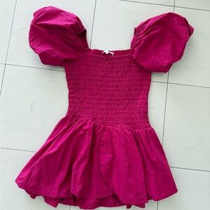 LoveShackFancy Asa Smocked Mini Dress Fuchsia Puff Sleeve, szL NWOT